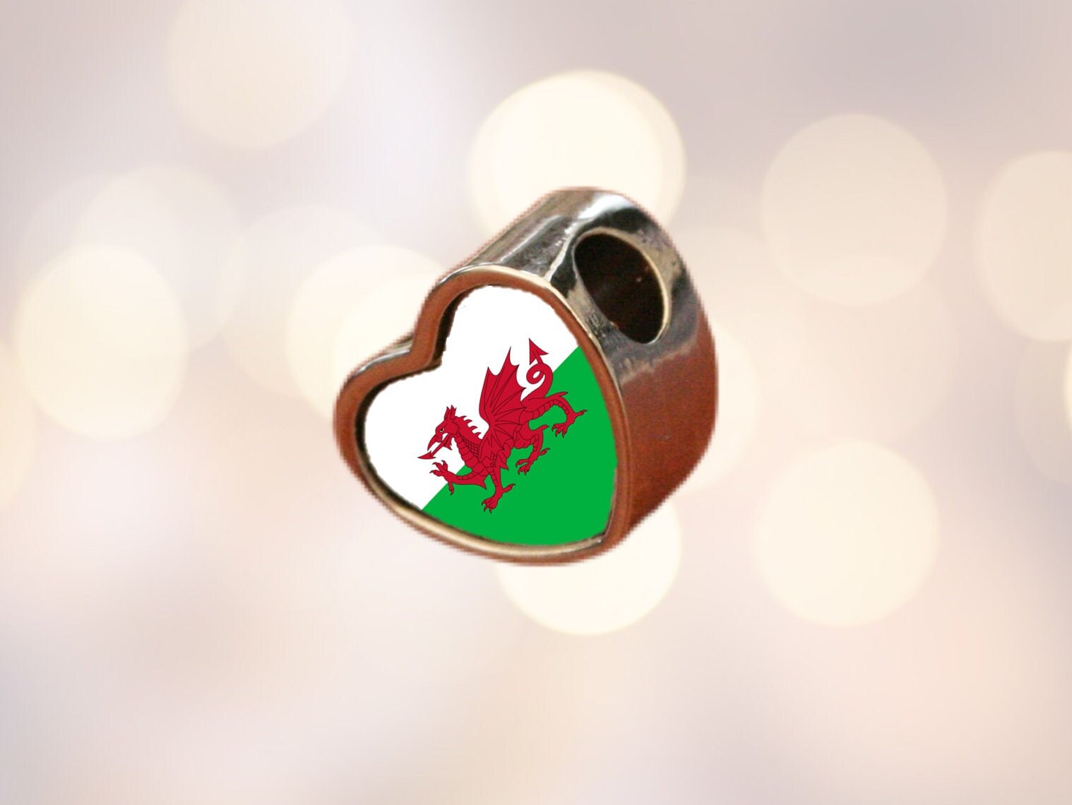 Cymru Wales Welsh Dragon Flag Heart Charm Bead Personalised Charm