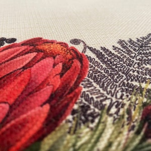May include: Close-up of a floral fabric featuring a red flower, green leaves, and brown fern-like foliage.