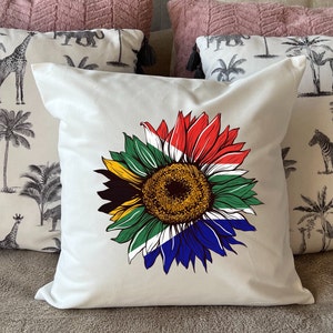 Cojín decorativo de lujo de tacto suave en color blanco con diseño de girasol y bandera sudafricana (40 x 40 cm). Arte de la bandera.