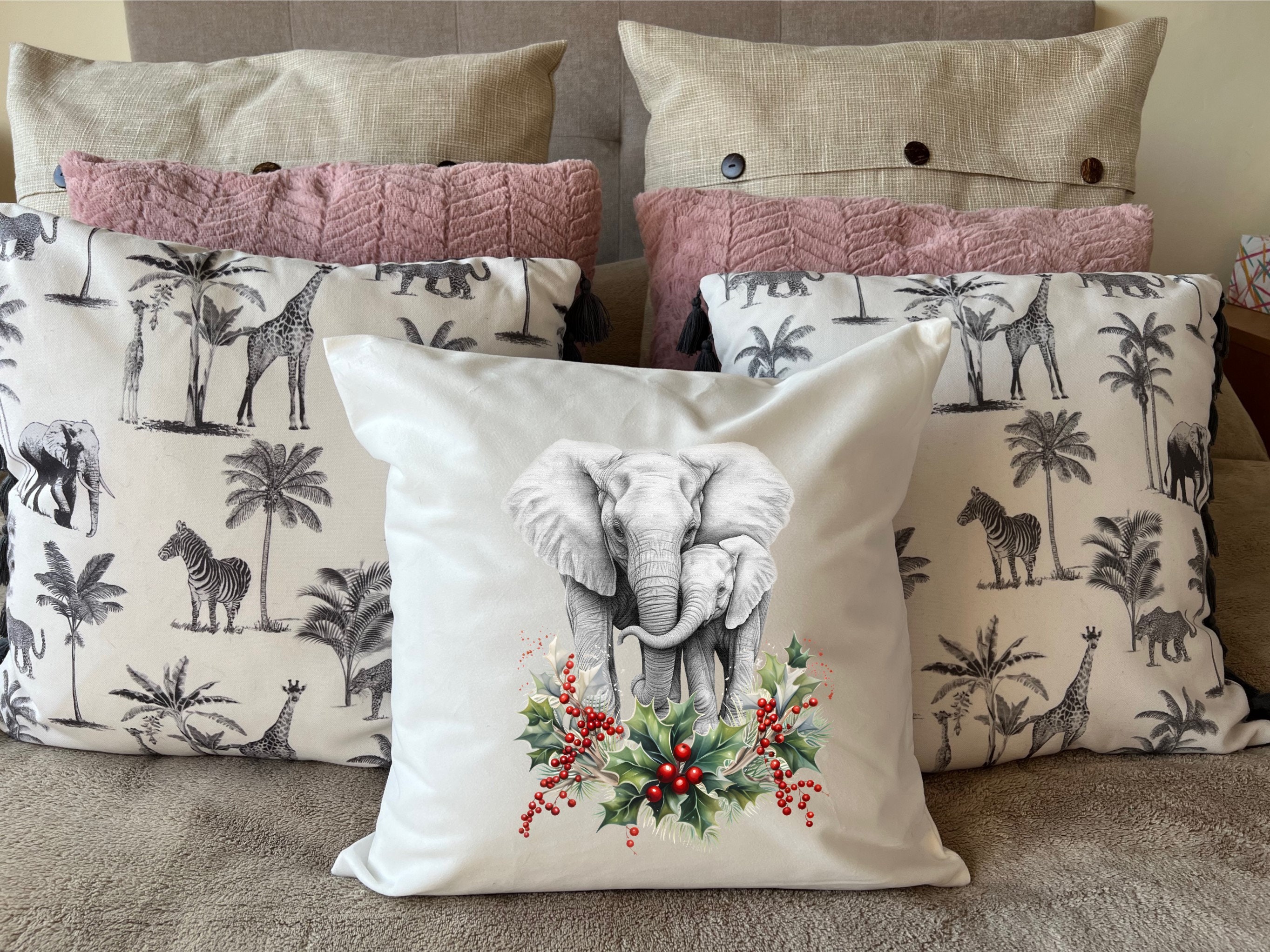 Elephant Christmas Cushion Mother and Child Flowers Holly Pillow Cover Decoration New Home Housewarming Gift Idea Feastive Season Holidays Etsy UK