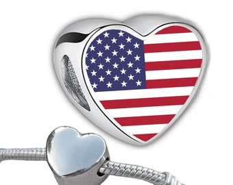 United States USA 'Stars and Stripes' heart bracelet charm bead  Personalised Charm add on charm large hole bead Valentine’s gift