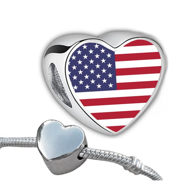 Stati Uniti USA Bracciale a forma di cuore "Stars and Stripes" con perlina Ciondolo personalizzato Aggiungi ciondolo con perlina con foro grande Regalo di San Valentino