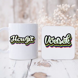 Südafrikanische Spezialität Howzit Tasse mit passendem Voetsek Untersetzer