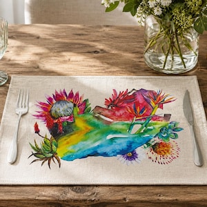 Watercolor South Africa Placemat – Colorful South African Map Table Mat African Botanical Protea Dining Decor Unique Travel Inspired Gift