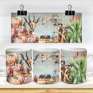 Springbok Stokstaartjes Protea Parelhoen Windmolen Windpomp Zuid-Afrika 11oz mok Karoo Platteland Afrikaans cadeau