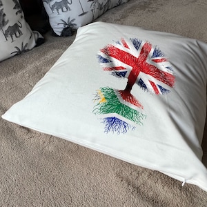 South African roots / United Kingdom Tree Plush white deluxe 'soft feel' scatter cushion. 40x40cm Flag Art. image 3