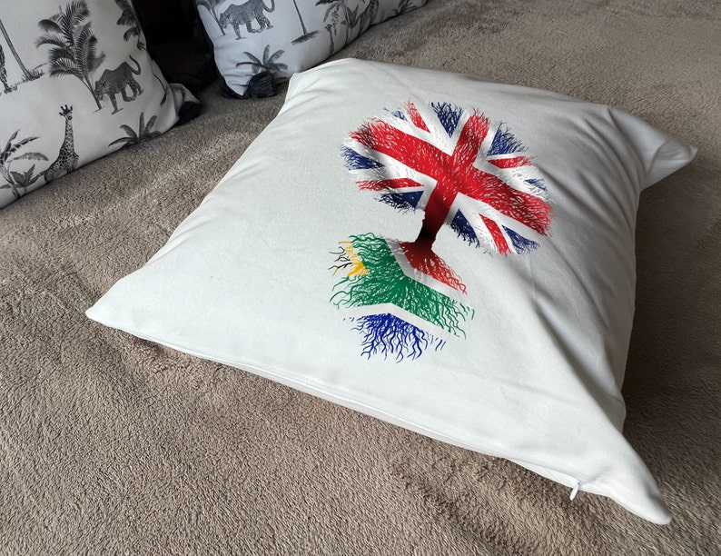 South African roots / United Kingdom Tree Plush white deluxe 'soft feel' scatter cushion. 40x40cm Flag Art. image 3