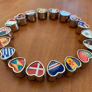 Personalised hand printed Flags of the World bracelet heart stainless steel charm bead Add on bead. Large hole bead Anniversary gift for her