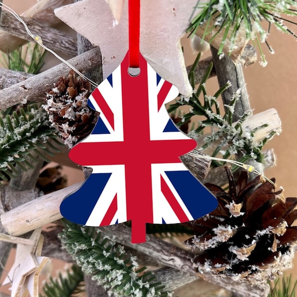 Christmas decorations tree ornament United Kingdom Union Jack Christmas Decoration. Tree shaped decoration hanging ornament.