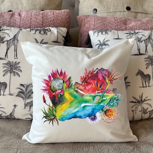 South Africa Flag Map Protea Floral Watercolour Design - Cushion Plush white deluxe 'soft feel' scatter cushion. ( 40x40cm ) Flag Art.