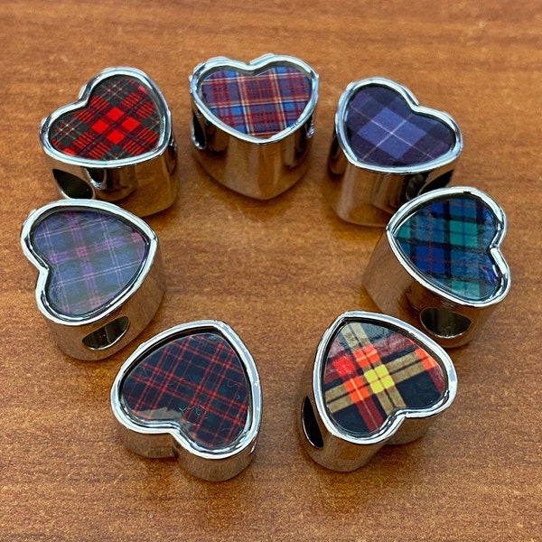Scots tartans heart shaped bracelet charm bead.  Charm personalised with choice of Scottish tartan. Add on charm bead. Valentine’s Gift