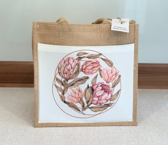 Protea Gold Circle Jute Bag With Fabric Pocket. Eco friendly Hessian Burlap Tote Reusable Etsy