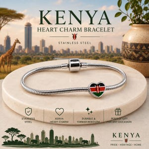 Può includere: Un bracciale a catena snake in acciaio inossidabile con un ciondolo a forma di cuore che mostra la bandiera del Kenya. Il bracciale ha una finitura argentata lucida e una chiusura sicura. Il design è semplice, resistente e inossidabile.