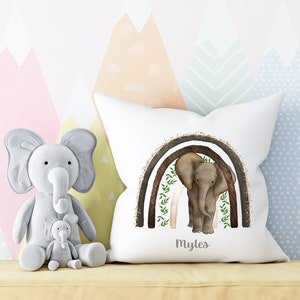 Personalised Baby Elephant with rainbow African Safari plush white 'soft feel' scatter cushion. ( 40x40cm ). Nursery decor. New Baby gift.