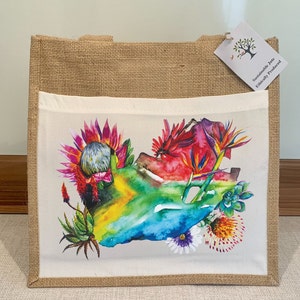 Drapeau de l'Afrique du Sud, carte, sac en jute Protea, motif floral aquarelle, poche en tissu. Sac fourre-tout écologique en toile de jute réutilisable. Drapeau Réf.