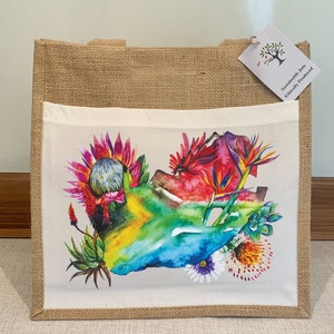 South Africa Flag Map Protea  Floral Watercolour Design Jute Bag with fabric pocket. Eco-friendly Hessian Burlap Tote Reusable. Flag Art.