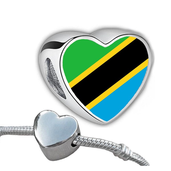 Tanzania Tanzanian heart shaped bracelet charm. Personalised flag charm bead. Add on charm bead. Large hole bead charm. Valentine’s gift