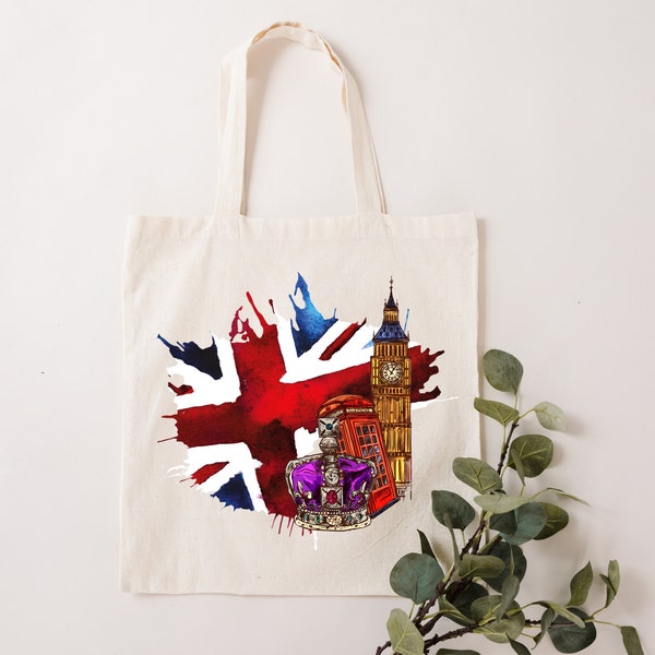 Londres Met en évidence le sac fourre-tout naturel. Cadeau de Londres grande-Bretagne. Souvenir de Londres. Big Ben Union Jack.