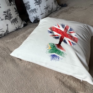 South African roots / United Kingdom Tree Plush white deluxe 'soft feel' scatter cushion. 40x40cm Flag Art. image 9