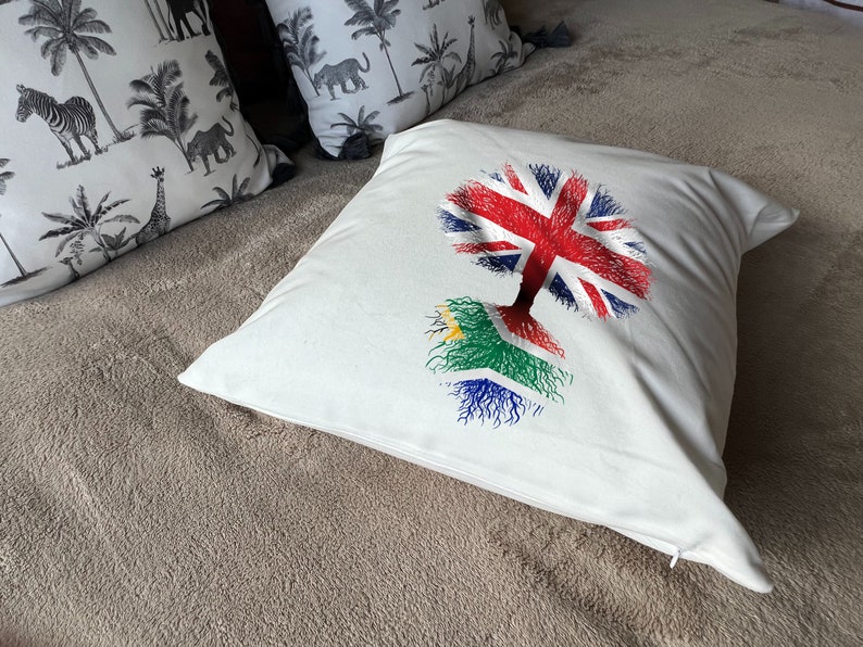 South African roots / United Kingdom Tree Plush white deluxe 'soft feel' scatter cushion. 40x40cm Flag Art. image 9