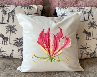 Zimbabwe Flame Lilly Gloriosa Superba plush white deluxe 'soft feel' scatter cushion. ( 40x40cm )