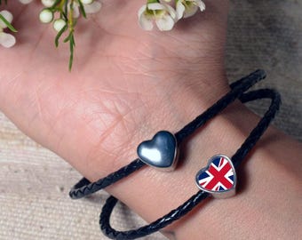 Ciondolo a forma di cuore con la bandiera del Regno Unito (Union Jack) per bracciale, in acciaio inossidabile, per gioielli.