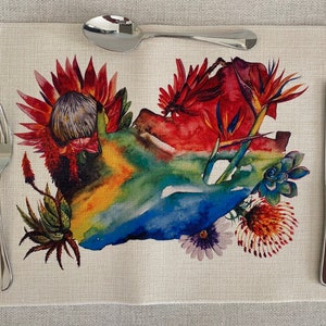 Floral Map of South Africa design with Protea Fynbos Strelitzia Red Hot Poker succulents placemat, cream linen placemat table mat. Flag Art