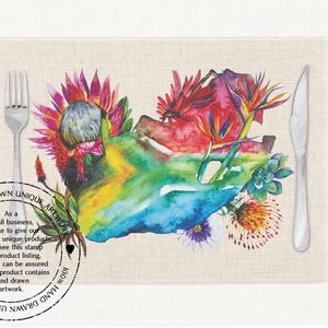 Vintage Landkarte von Südafrika mit Protea Fynbos Strelitzia Red Hot Poker Sukkulenten Tischset. Flagge Art