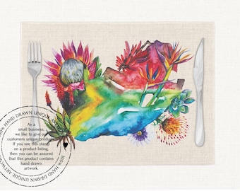 Floral Map of South Africa design with Protea Fynbos Strelitzia Red Hot Poker succulents placemat, cream linen placemat table mat. Flag Art