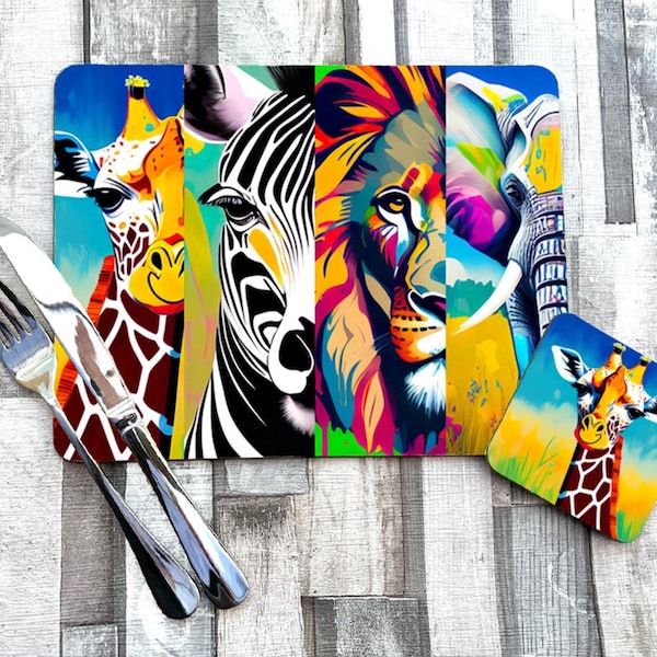 Safari African savannah jungle animal tablemat placemat wildlife gift bright colours elephant lion zebra giraffe