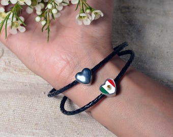 Colgante de acero inoxidable con dije de corazón y bandera mexicana para pulsera.
