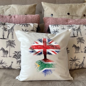 South African roots / United Kingdom Tree Plush white deluxe 'soft feel' scatter cushion. 40x40cm Flag Art. image 2