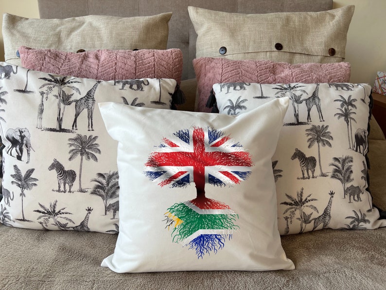 South African roots / United Kingdom Tree Plush white deluxe 'soft feel' scatter cushion. 40x40cm Flag Art. image 2