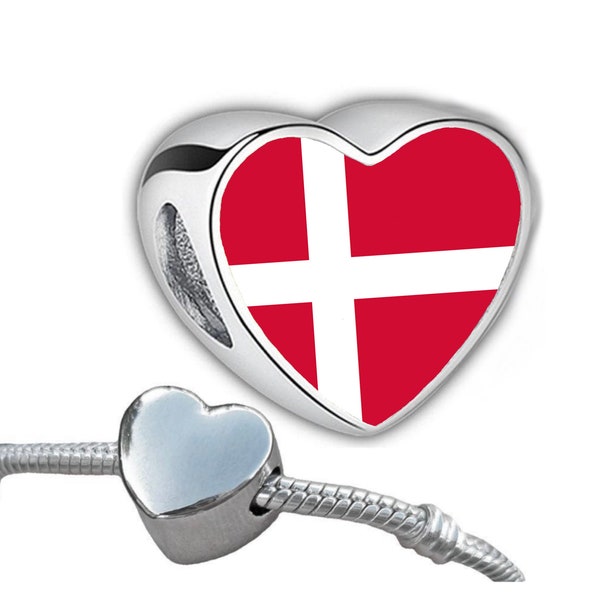 Denmark Danish Flag bracelet charm bead heart shaped Add on charm Large hole bead Valentine’s Gift for mom mum Personalised Charm.