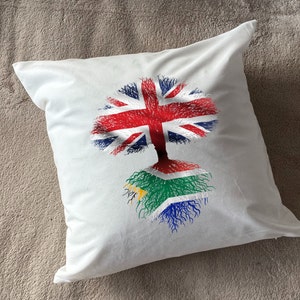 South African roots / United Kingdom Tree Plush white deluxe 'soft feel' scatter cushion. 40x40cm Flag Art. image 4
