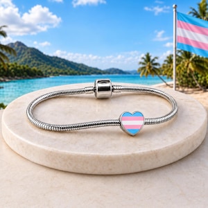 Könnte beinhalten: Ein silberfarbenes Schlangenkettenarmband mit einem herzförmigen Anhänger, der eine hellblaue, rosa und weiße gestreifte Emaille-Einlage aufweist. Das Armband hat einen zylindrischen Metallverschluss und liegt kreisförmig.