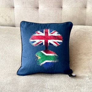 South African flag roots United Kingdom Union Jack tree branches Navy Blue cotton scatter cushion pillow Heritage family tree home decor