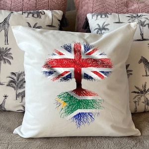 South African roots / United Kingdom Tree Plush white deluxe 'soft feel' scatter cushion. 40x40cm Flag Art. image 1