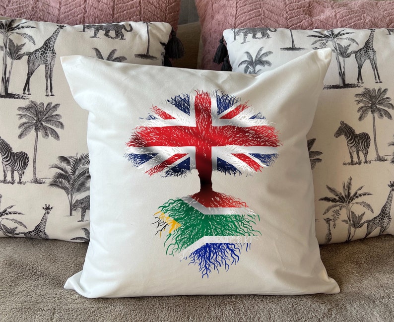 South African roots / United Kingdom Tree Plush white deluxe 'soft feel' scatter cushion. 40x40cm Flag Art. image 1