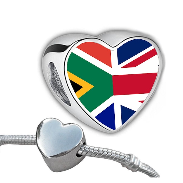 Afrique du Sud Royaume-Uni Union Jack mélangé Drapeau coeur bracelet charme perle Charme personnalisé Ajouter sur le charme Perle à grand trou Saint-Valentin