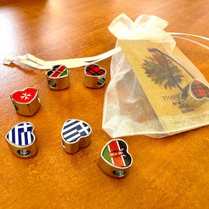 Personalised hand printed Flags of the World bracelet heart stainless steel charm bead Add on bead. Large hole bead Anniversary gift for her