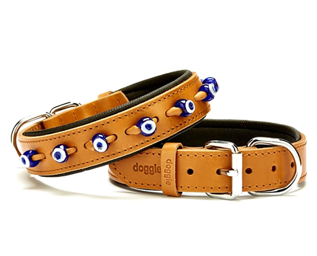 Leather Dog Collars, Traditional Evil Eye Bead, Beaded Dog Collars