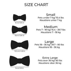 May include: A size chart for pet bow ties, featuring four sizes: Small, Medium, Large, and Extra Large. Each bow tie is black and has measurements in inches and centimeters. The chart also includes weight ranges in pounds and kilograms.