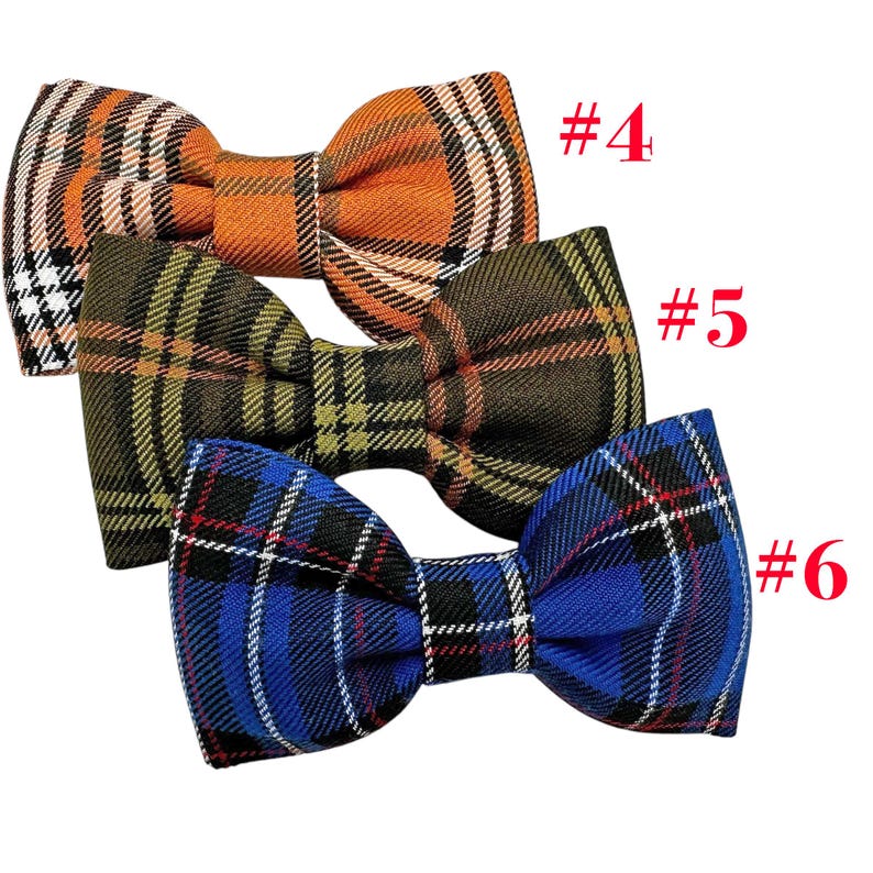 May include: Three plaid bow ties in orange, olive green, and blue. Each bow tie has a different plaid pattern. The bow ties are labeled with the numbers #4, #5, and #6 in red.