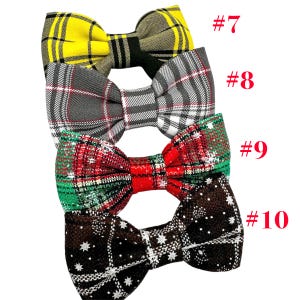 May include: Four plaid bow ties in yellow, gray, red, and brown. Each bow tie has a different plaid pattern. The bow ties are labeled with the numbers #7, #8, #9, and #10.