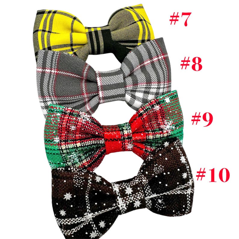 May include: Four plaid bow ties in yellow, gray, red, and brown. Each bow tie has a different plaid pattern. The bow ties are labeled with the numbers #7, #8, #9, and #10.