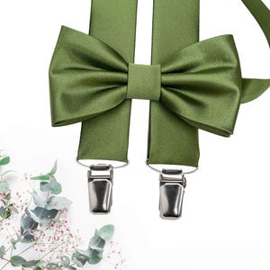 Wedding Olive Green Satin Bow Tie, Pocket Square - Bow Tie For Groom - Best Man Usher Groomsman - Wedding Suspenders - Wedding Cufflinks