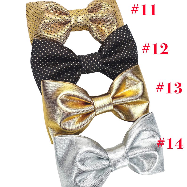 May include: Four bow ties in gold, black with white polka dots, metallic gold, and silver. Each bow tie is tied and ready to wear. The bow ties are labeled with the numbers 11, 12, 13, and 14 in red.