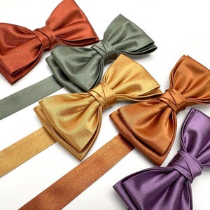 Puede incluir: Cinco pajaritas de diferentes colores, incluyendo naranja, verde, dorado, marrón y morado. Las pajaritas están dispuestas en una fila, con la pajarita naranja en la parte superior y la pajarita morada en la parte inferior.