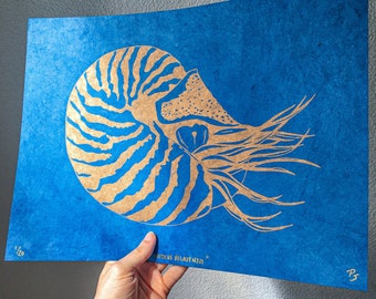 Nautilus, hand made linoprint with copper ink on blue lokta paper, for wall art decoration home decoration bathroom ocean lover